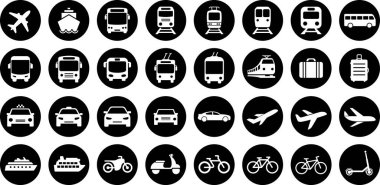 Otobüs, tramvay, tramvay, metro, tren, gemi, bisiklet ve araba simgeleri ulaşım işaretleri