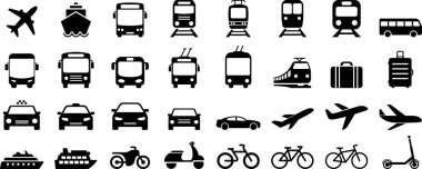 Otobüs, tramvay, tramvay, metro, tren, gemi, bisiklet ve araba düz simgeler taşımacılık işareti olarak