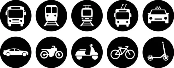 Bus Tram Trolleybus Subway Scooter Moped Bicycle Car Icons Signs — 图库矢量图片
