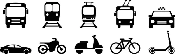 Bus Tram Trolleybus Subway Scooter Moped Bicycle Car Flat Icons — Wektor stockowy