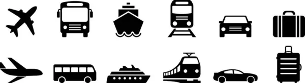 Airplane Aircraft Bus Ship Train Car Flat Icons Signs Journey — 图库矢量图片