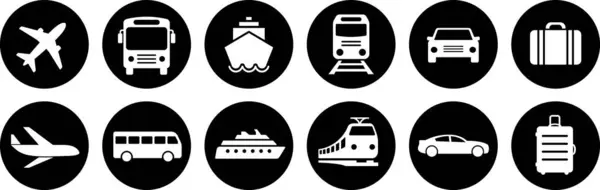 Airplane Aircraft Bus Ship Train Car Icons Signs Journey Transport — стоковый вектор