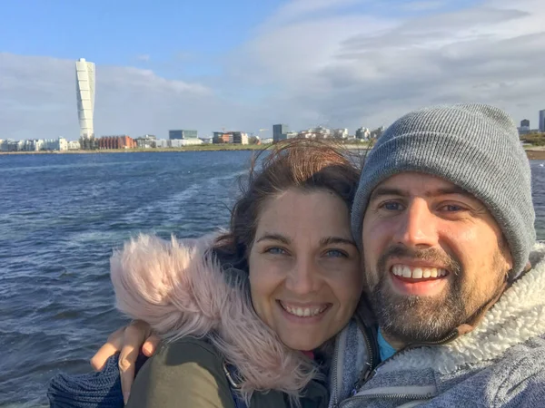 stock image Portrait of a happy couple in love in a boat in sweden.