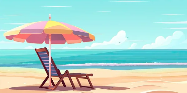 Illustration cartoon style background of sea shore. Good sunny day. Deck chair and beach umbrella on the sand coast.