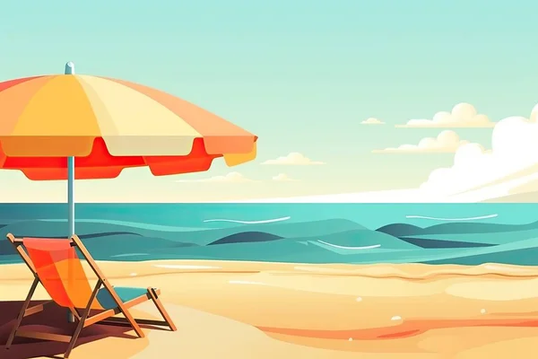 Illustration cartoon style background of sea shore.Deck chair and beach umbrella on the sand coast
