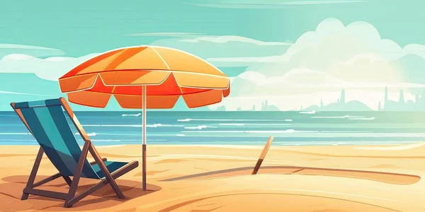 Illustration cartoon style background of sea shore. Good sunny day. Deck chair and beach umbrella on the sand coast.