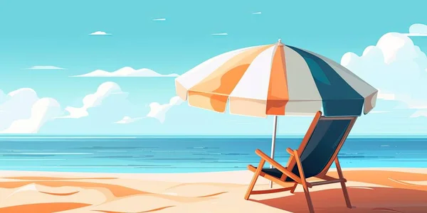 Ilustracjailustracja Kreskówkowe Tło Brzegu Morza Krzesło Parasol Plażowy Wybrzeżu Piasku — Zdjęcie stockowe