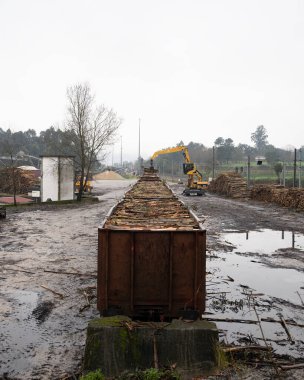 Ağaç kesme ekipmanları yükleniyor. Kereste ve kütük yükleyici. Kütük yükleyici çam kütüklerini taşıyor. Kereste endüstrisi. Ahşap fabrikası. Odun kesimi ağaç gövdesi kütükleri hazır.