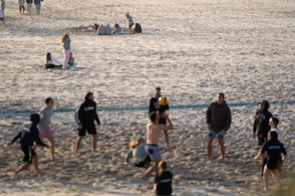 Blurred Image Group Boys Girls Playing Ball Beach Sunset — Stock Photo, Image