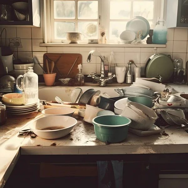 Комп Ютерне Прибирання Синдрому Безладна Кухня Купою Брудного Посуду Ліцензійні Стокові Фото