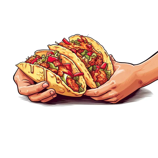 Tangan Memegang Taco Sayuran Daging Terhadap Latar Belakang Putih - Stok Vektor