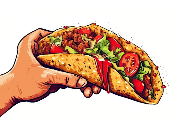 Egy Kéz Tart Egy Nagy Óriás Húsos Zöldség Taco Fehér — Stock Vector