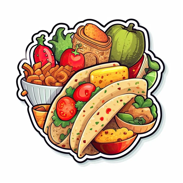 Meksykańskie Ikony Jedzenia Ilustracje Kreskówek Tradycyjnej Meksykańskiej Żywności Izolowanej Białym — Wektor stockowy