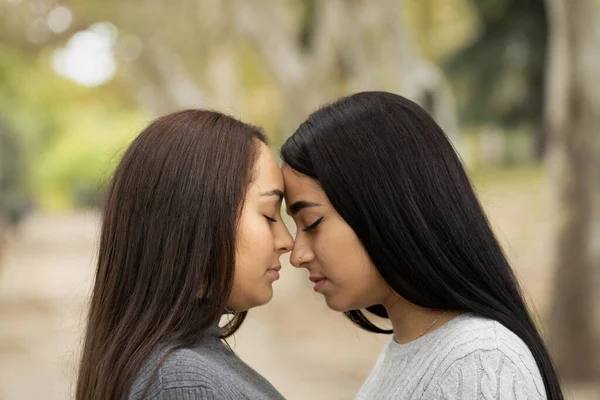 Latin women lesbian couple touching face to face showing love and emotions.