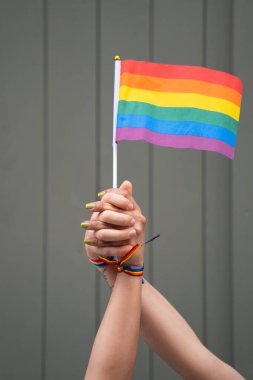 LGBT gökkuşağı bileziği ve bayrağı olan tanınmayan lezbiyen bir çiftin elini kaldırdı..