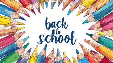 Çerçeve olarak düzenlenmiş renkli kalemlerin el çizimi karikatür tarzı çizimi. Okul konseptine dönelim..