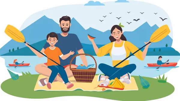 Üç kişilik bir aile, gölün kenarında piknik yaparken battaniyede oturuyorlar..