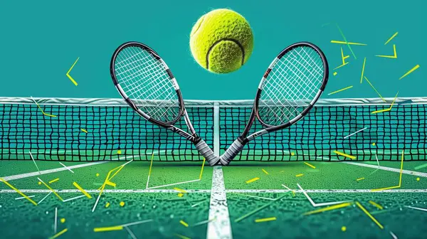 İki raket, bir top ve bir ağ ile tenis yarışması illüstrasyonu.