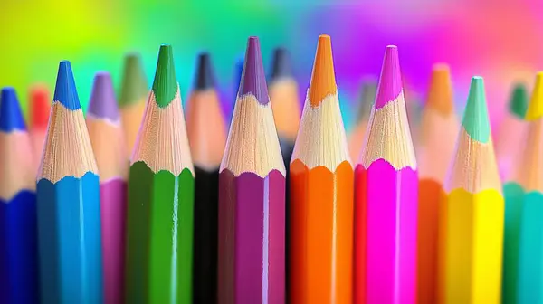 Rengarenk kalemler yan yana dizilmiştir. Kalemler farklı renk ve boyutlarda, canlı ve canlı bir sahne yaratıyorlar. Yaratıcılık ve hayal gücü kavramı