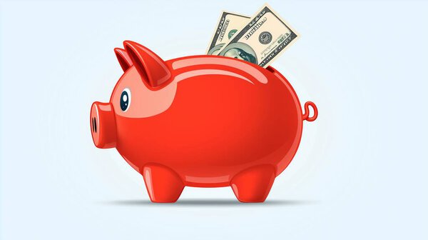 Красный копилка с долларами изолированы на синем фоне.