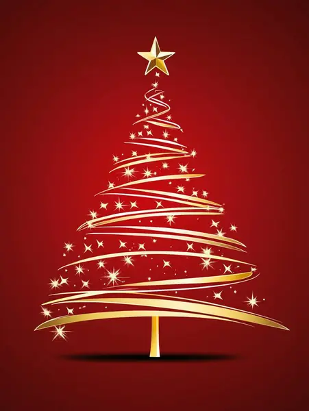 Kırmızı arkaplanda izole edilmiş altın bir noel ağacının görüntüsü.