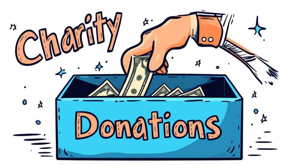 Плоская иллюстрация руки кладет деньги в синюю коробку с надписью "Благотворительные пожертвования". Социальный вклад в концепцию благотворительных объединений.
