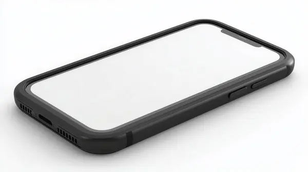 Beyaz ekranlı akıllı telefon beyaz arka planda duran dayanıklı dosya tasarımını gösteriyor