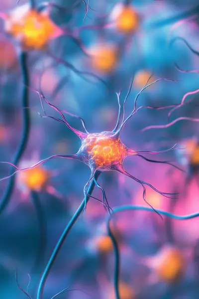 Sinir sisteminde sinyal ileten aktif nöronların mikroskobik görüntüsü, nöral ağ ve beyin aktivitesi kavramı