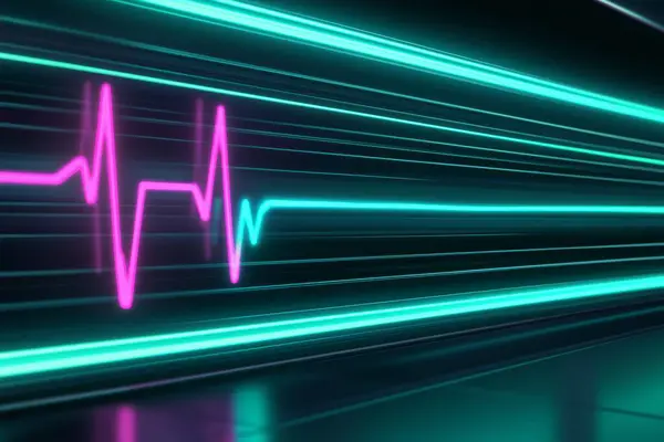 Parlak pembe kalp atışı çizgisi ve turkuaz ışık izleri gelecekteki tıbbi ya da teknolojik bir arkaplan oluşturur