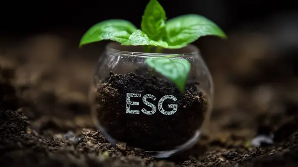 Çevresel, sosyal ve kurumsal yönetim faktörlerini temsil eden, sürdürülebilirlik yatırımı için yatırım yapan, ESG harfleriyle dolu cam bir kavanozda topraktan büyüyen yeşil bitki.