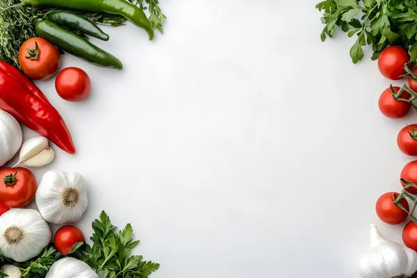 Canlı sebzeler ve otlar beyaz bir zemin üzerine yerleştirilerek, mutfak ve sağlıklı yaşam temaları için örnek kopya alanı sağlanmaktadır.