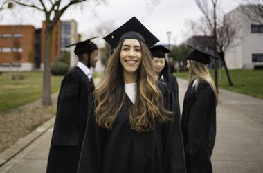 Bir grup çok ırklı mezun öğrenci önlük ve havan mermisi giyerek üniversite kampüsünde mezuniyet gününü kutluyorlar.