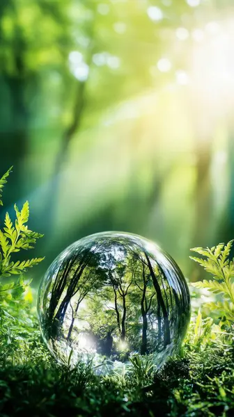 Güneş ışığındaki yemyeşil ormanı yansıtan kristal küre, çevre koruma kavramını gösteriyor