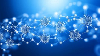 Bulanık mavi arkaplan üzerinde dönen ve bağlanan beyaz bir telin soyut arkaplanı küresel ağı, engelleme zincirini veya büyük veriyi temsil eder