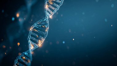 Mavi soyut arkaplan üzerinde parçacıklarla dönen geleceksel DNA sarmalı