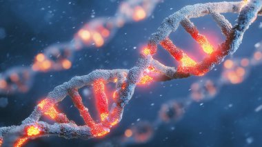 Parlak DNA sarmalı dönüyor, genetik mutasyon biyolojik araştırmalara devam ediyor.