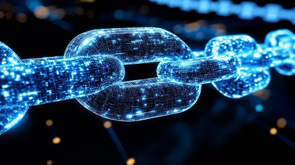 Parlak dijital zincir, dijital alemde güvenli işlemler ve veri bütünlüğünü sağlayan engelleme teknolojisini sembolize ediyor