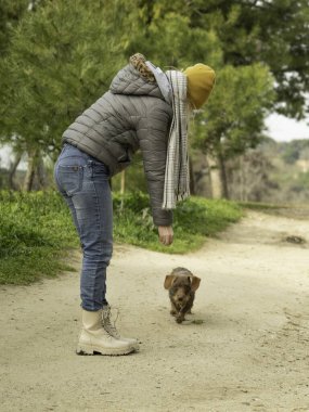 Kışlık giysiler giyen genç bir kadın güneşli bir kış gününde parkta küçük kahverengi köpeğiyle oynuyor.