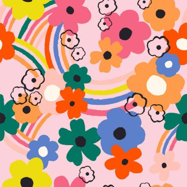 RETRO JOY DAISY 90S HIPPIE JOYFUL RAINBOW FLORAL SEAMLESS PATTERN PRINT VECTOR clipart