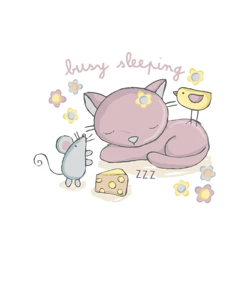 Gato Bonito Dormindo Perto Mouse Design Camiseta Para Crianças Ilustração — Vetor de Stock