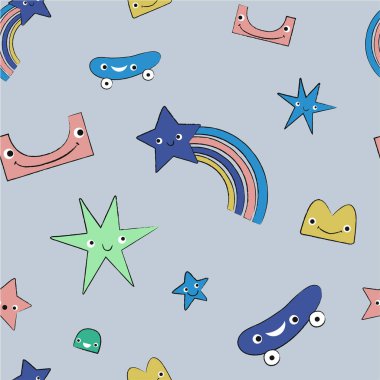 SHORELINE SKATE PARK KIDS BEACH SKATER RAINBOW HAPPY MILES MOTIF PRINT SEAMLESS PATTERN
