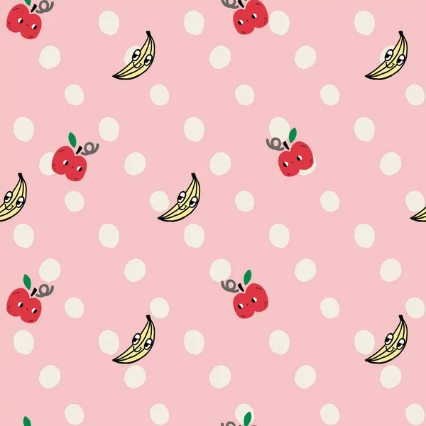Apple Banana Doodle Face Fruits Polka Dots Repeat Seamless Pattern — Stock Vector