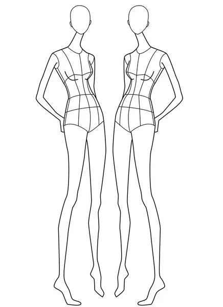 Femminile Donne Croquis Front Back Side Poses Vector Sketch — Vettoriale Stock