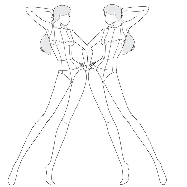 Femminile Donne Croquis Fronte Diversi Posti Laterali Vettore Sketch — Vettoriale Stock
