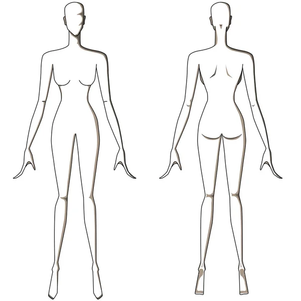 Femminile Anteriore Posteriore Posti Fashion Croquis Mannequin Vector Sketch — Vettoriale Stock