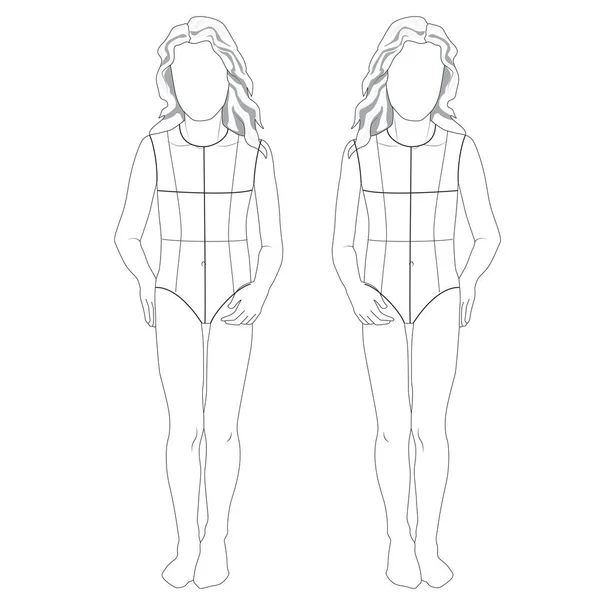 Teen Girls Front Back Side Pose Mannequin Croquis Vector Sketch — Stock Vector