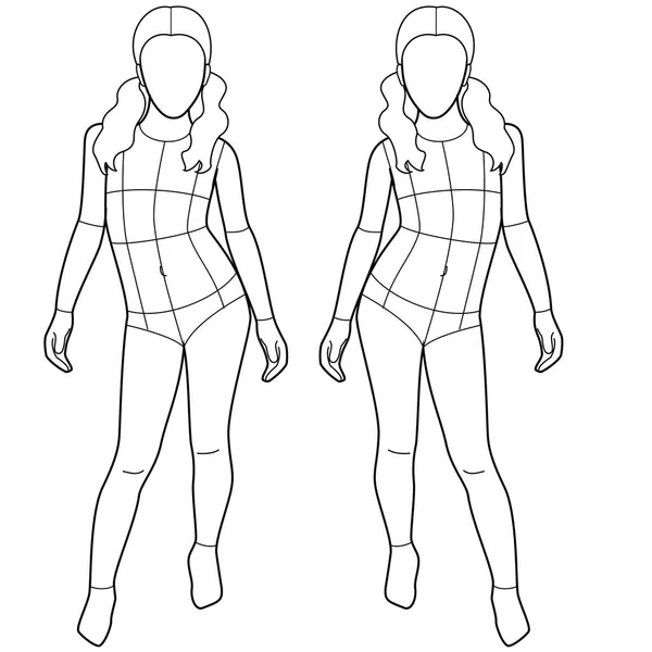 Teen Girls Front Back Side Pose Mannequin Croquis Vector Sketch — Vettoriale Stock
