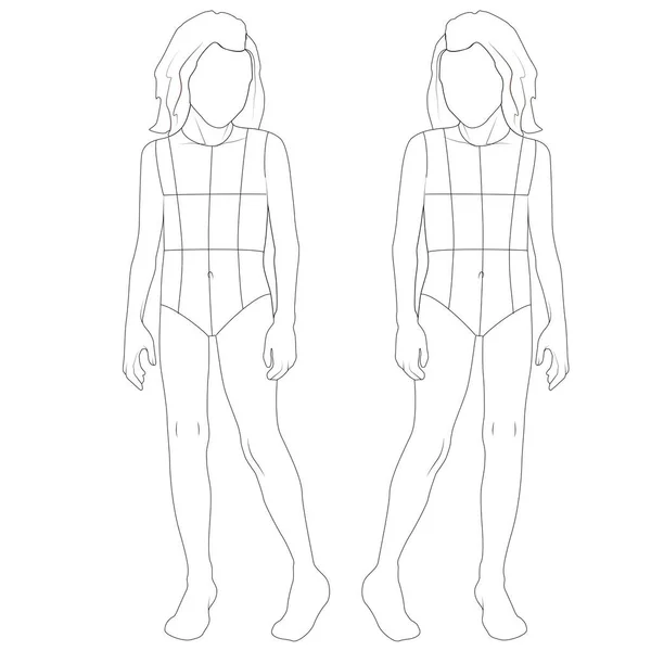 Niñas Adolescentes Frente Volver Lado Pose Mannequin Croquis Vector Sketch — Archivo Imágenes Vectoriales