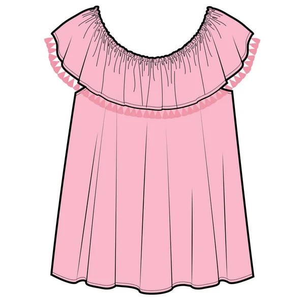 Mädchen Und Teens Woven Frill Dress Mit Floral Embroidery Vector — Stockvektor