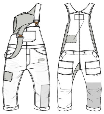 Kids wear dungaree bodysuit and playsuit flat design vector sketch, front and back vector sketch design clipart